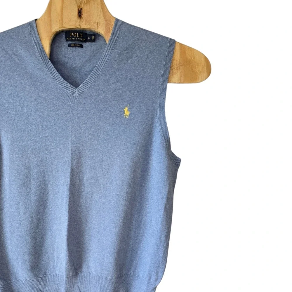 Polo Ralph Lauren Mens Pima Cotton V-Neck Sweater Vest Light‎ Blue Large Logo